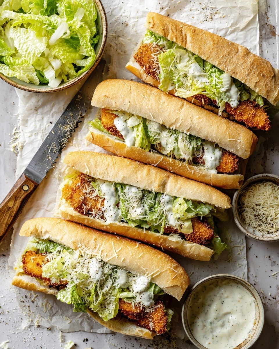 The image shows four sandwiches lined up on parchment paper over a white marbled textured surface. Each sandwich has three visible layers: the bottom and top are light golden toasted rolls with a soft texture, inside there is a layer of crispy, golden-brown breaded chicken fillet, topped with fresh green lettuce coated with creamy white sauce, and sprinkled with finely grated pale cheese. There are two small bowls nearby, one filled with extra lettuce and the other with creamy white sauce speckled with cracked black pepper. A knife with a wooden handle rests to the left of the sandwiches. photo taken with an iphone --ar 4:5 --v 7