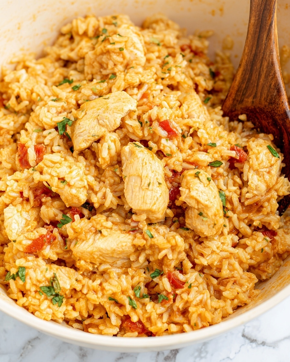 This image shows a close-up of a creamy rice dish with pieces of chicken mixed in. The dish has about two layers: a thick layer of soft, orange-colored rice mixed with small bits of red tomatoes at the bottom, and chunks of light brown cooked chicken evenly spread throughout. Small sprinkles of green herbs are scattered on top, adding a touch of color. A wooden spoon is partly visible on the right side, resting within the white pot holding the food. The background has a white marbled texture. photo taken with an iphone --ar 4:5 --v 7