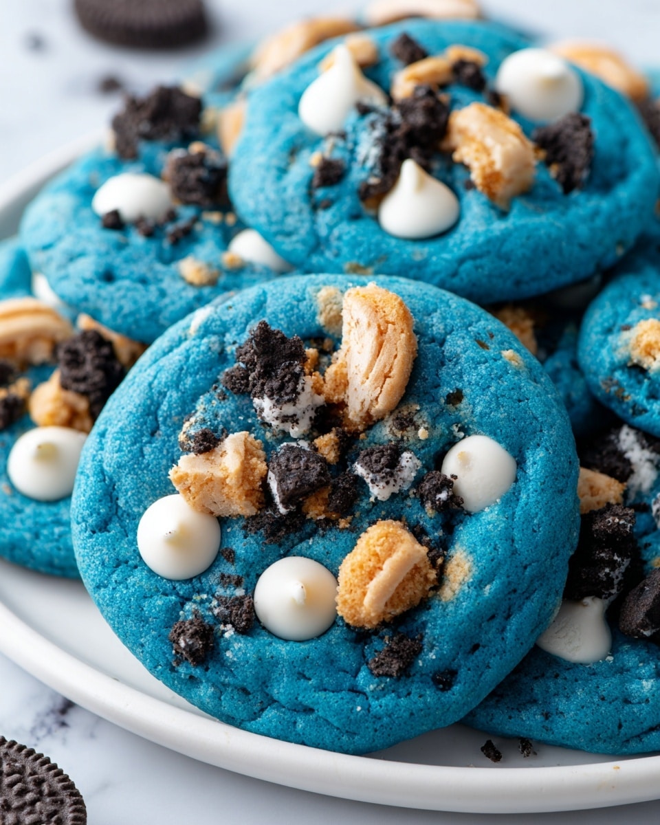 The image shows bright blue cookies placed closely on a white plate over a white marbled surface. Each cookie has a soft, slightly textured top layer in vibrant blue, decorated with small white chocolate chips, dark brown Oreo cookie pieces, and light brown cookie chunks scattered unevenly across the surface. The cookies look thick and chewy with a mix of smooth and crumbly textures in the toppings. Photo taken with an iphone --ar 4:5 --v 7