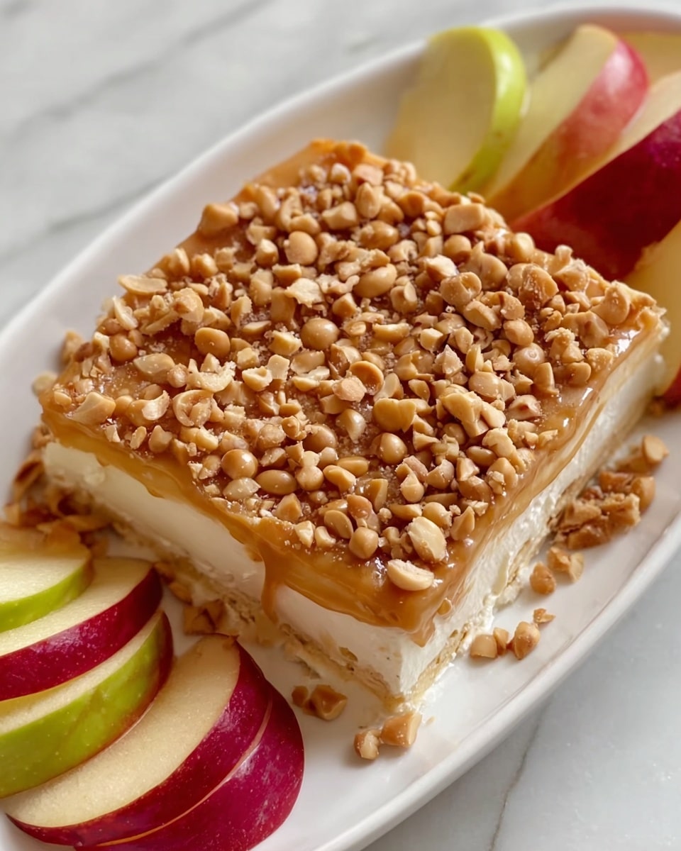 A white plate holds a square-shaped dessert with three visible layers: the bottom layer is creamy white, the middle layer is a smooth caramel color, and the top layer is fully covered with small, chopped nuts in light brown and beige shades. Around the dessert on the plate, there are slices of red and green apple with shiny skins. The whole scene is set on a white marbled surface. Photo taken with an iphone --ar 4:5 --v 7
