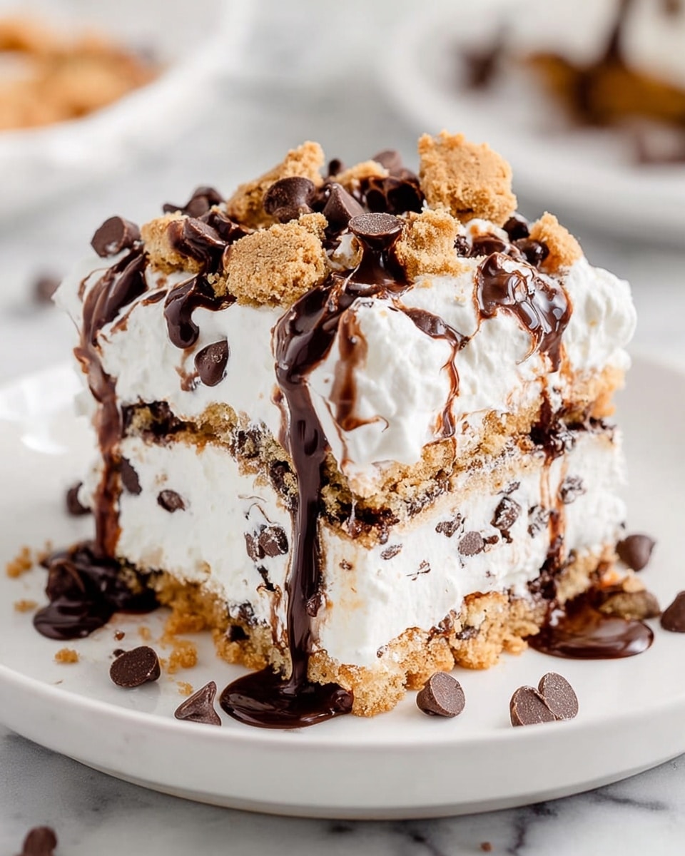 A slice of layered dessert sits on a white plate over a white marbled surface, featuring three main layers: a crumbly light brown cookie crust at the bottom, a thick middle layer of white creamy filling with chocolate chips mixed in, and a top layer of whipped cream and cookie crumbles. Dark chocolate drizzle cascades over the top and sides, with extra chocolate chips scattered around the plate. The texture of the cookie layers is crumbly and slightly rough, while the cream layers are smooth and fluffy, creating a rich and inviting look. Photo taken with an iphone --ar 4:5 --v 7