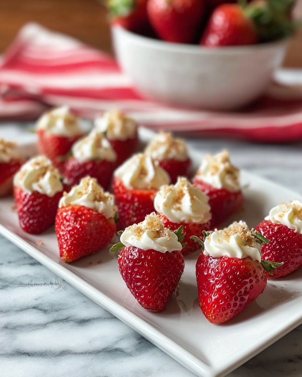 Multiple red strawberry halves are neatly placed on a white rectangular plate, each filled with a swirl of white creamy topping and sprinkled with light brown crumbled bits on top. The strawberries have a glossy, fresh texture with green leaves not visible, focusing on the cut side and creamy filling. In the blurred background, a white bowl filled with whole strawberries sits on a white marbled surface, with a red striped cloth nearby. Photo taken with an iphone --ar 4:5 --v 7