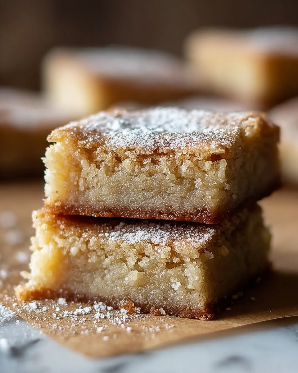 Two square blondie bars are stacked on top of each other on a light brown parchment paper. The top bar has a golden brown, slightly crusty surface with a light dusting of white powdered sugar, while the inside appears soft and moist with a crumbly texture. The bottom bar shows a similar texture but has a slightly darker edge. The background is softly blurred with additional blondie pieces visible on a white marbled texture surface. Photo taken with an iphone --ar 4:5 --v 7