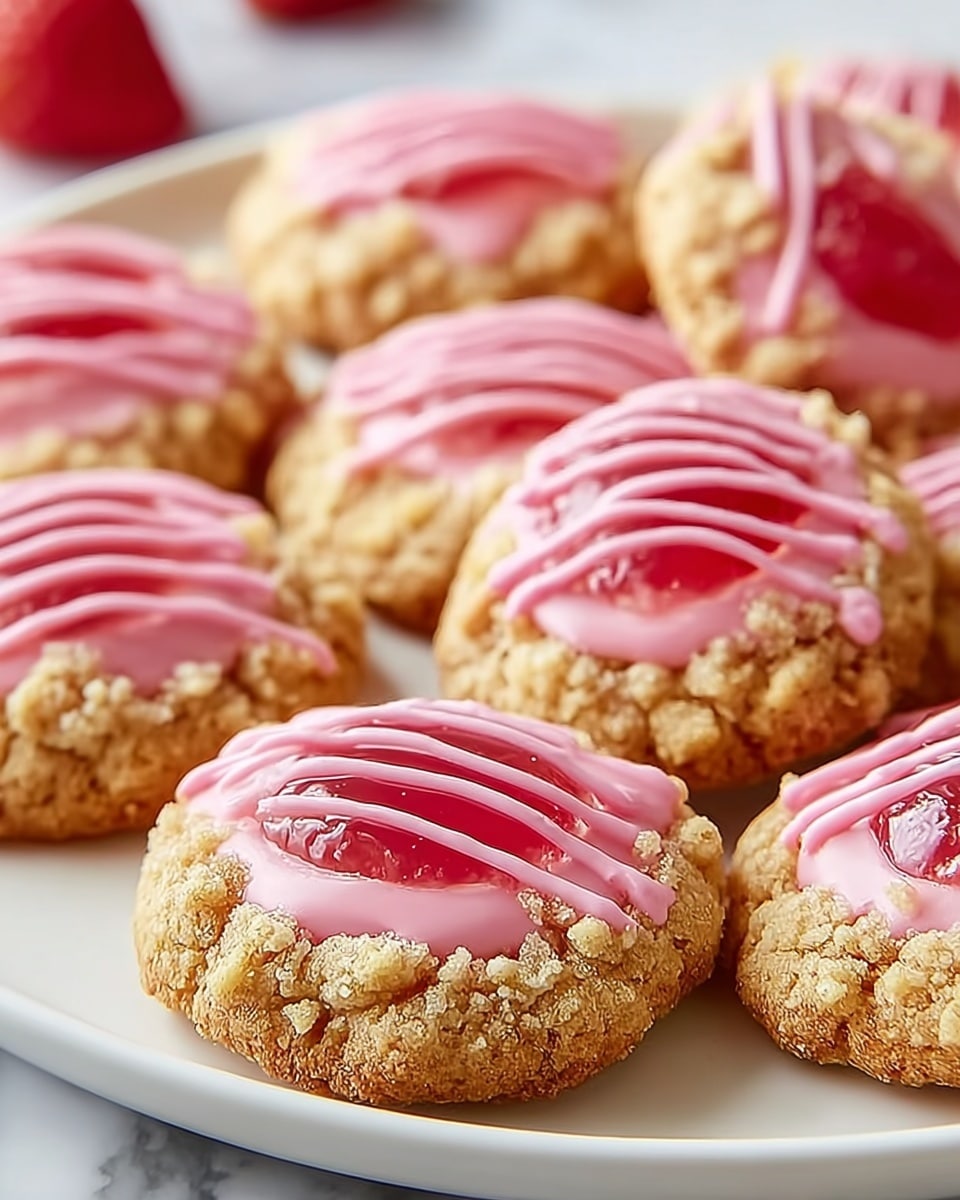 The image shows a close-up of several round cookies placed on a white plate over a white marbled surface. Each cookie has a crumbly golden base layer, topped with a shiny, smooth pink jelly layer in the center, surrounded by crumbly streusel bits. On top, bright pink icing is drizzled in diagonal lines across the jelly and crumbs, adding a glossy texture and mild thickness. In the background, some cookies appear with a small whole red strawberry on top instead of the jelly layer. Photo taken with an iphone --ar 4:5 --v 7