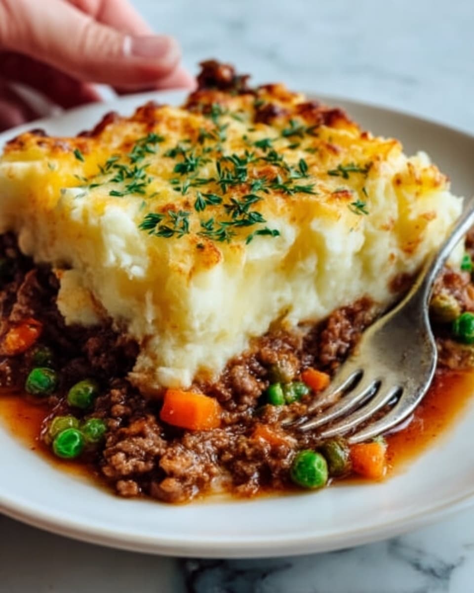 A close-up view of a white plate holding a square piece of shepherd's pie. The dish has two main layers: the bottom layer is brown minced meat mixed with green peas and small orange carrot chunks in a rich sauce, and the top layer is creamy mashed potatoes with a golden-brown, slightly crispy surface, sprinkled with small green herb leaves. A woman's hand is visible at the edge of the plate, slightly touching its rim. The plate sits on a white marbled texture surface. photo taken with an iphone --ar 4:5 --v 7