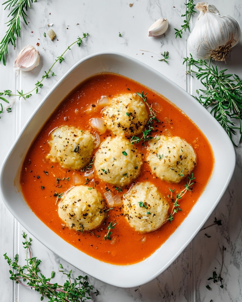 The image shows a white rectangular baking dish filled with six round, slightly puffy dumplings floating in a smooth, thick orange sauce. The dumplings have a soft, light cream color and appear fluffy in texture. The sauce is creamy with a rich orange hue, covering the base and surrounding the dumplings. Small pieces of chopped green parsley are scattered on the dumplings and sauce, along with a sprinkle of black pepper for contrast. A silver spoon is placed inside the dish on the right side. The dish rests on a light gray cloth, set on a white marbled surface. Fresh parsley is visible blurred in the background. photo taken with an iphone --ar 4:5 --v 7