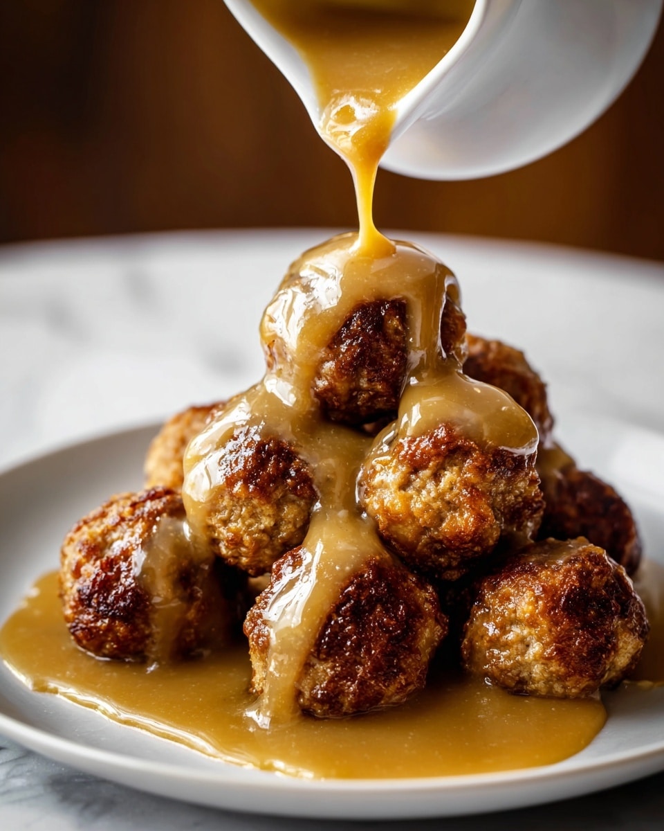 A pile of nine golden-brown crispy meatballs stacked on a white plate sits on a white marbled surface, with smooth, light brown gravy being poured from a white gravy boat directly onto the top meatballs, covering them with a glossy, thick sauce that flows down and pools around the base, highlighting the meatballs' rough, crunchy texture. photo taken with an iphone --ar 4:5 --v 7