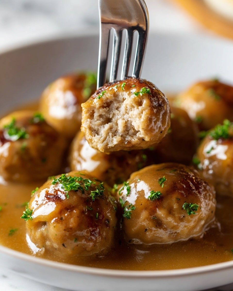 A close-up shows several round meatballs with a golden-brown crust resting on a white plate filled with smooth brown gravy. One meatball is pierced and lifted by a shiny silver fork, revealing its soft, light beige inside with visible small herb bits. Each meatball is glossy with gravy coating, and there are tiny green parsley sprinkles scattered over them. The plate sits on a white marbled textured surface. photo taken with an iphone --ar 4:5 --v 7