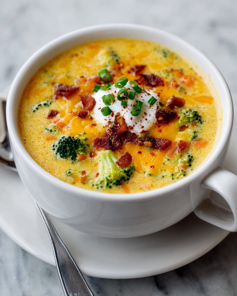 A white cup filled with creamy yellow soup with visible small green broccoli and orange carrot pieces in it. On top, there is a layer of melted orange cheddar cheese, followed by crispy dark brown bacon bits scattered evenly. At the very center, a dollop of white sour cream is placed, sprinkled with finely chopped green onions and tiny red chili flakes. The cup rests on a white marbled surface, with a silver spoon beside it. Photo taken with an iphone --ar 4:5 --v 7