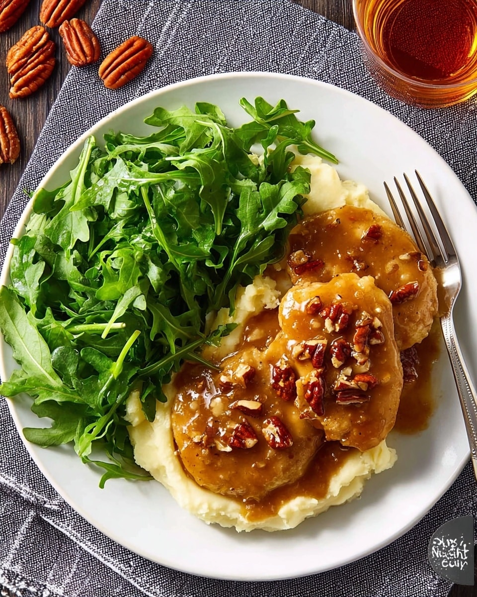 A white plate holds a meal with three main layers: on the bottom is a smooth layer of creamy mashed potatoes with a soft, pale yellow color, topped with three pieces of golden-brown chicken covered in a shiny, thick brown gravy sprinkled with small pieces of pecans; on the side, a fresh pile of bright green arugula leaves with a slightly wet and glossy texture forms a leafy mound. The plate sits on a gray striped cloth, with a few whole pecans scattered nearby together with a glass of amber-colored drink in the upper right corner. photo taken with an iphone --ar 4:5 --v 7