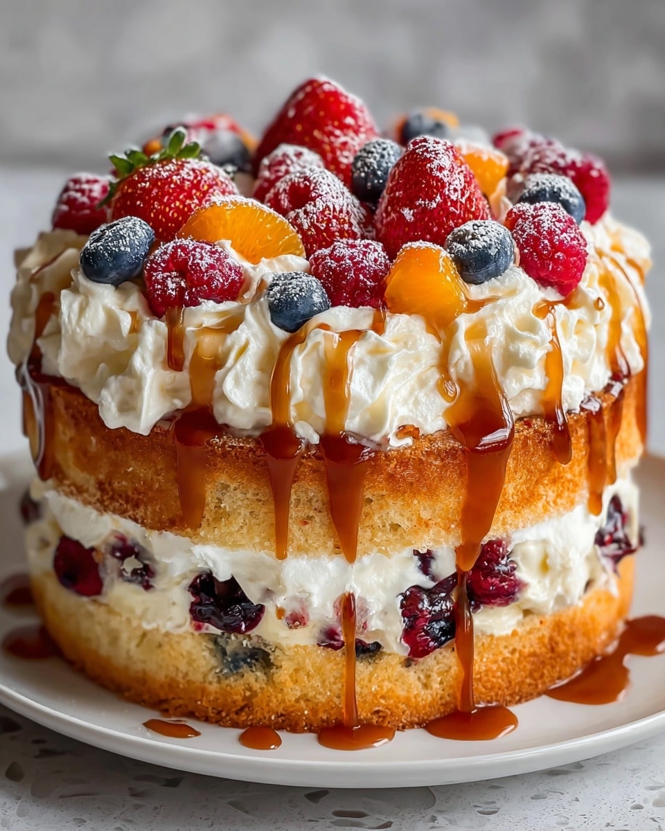 A two-layer round cake sits on a white plate against a white marbled texture background. The bottom layer is golden brown sponge cake with visible bits of blueberries and raspberries embedded in a thick cream layer, which is white and fluffy with a smooth texture. The top layer is another golden sponge cake heavily topped with dollops of white whipped cream, fresh whole strawberries, raspberries, blueberries, and small pieces of orange fruit. Caramel sauce drips down the sides creating shiny golden brown streaks. The top is dusted lightly with powdered sugar, giving it a fresh, delicate look. photo taken with an iphone --ar 4:5 --v 7