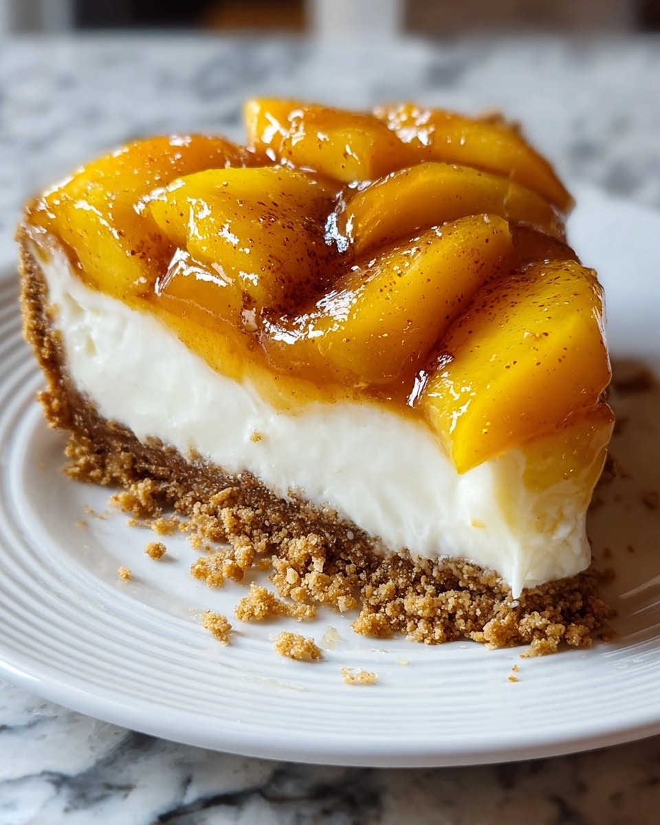 A close-up of a slice of pie with three main layers on a white plate, placed on a white marbled surface; the bottom layer is thick and crumbly with a golden-brown texture, the middle layer is smooth and creamy white, and the top layer consists of glossy, caramelized peach slices in a sticky amber sauce with visible specks of cinnamon, some crumbs scattered around the slice; photo taken with an iphone --ar 4:5 --v 7
