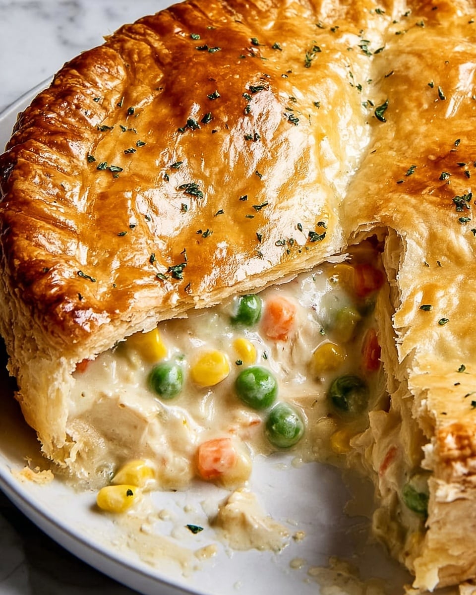 A close-up view of a chicken pot pie with a thick golden brown flaky crust on top. The crust has a shiny, crisp texture with small green herb sprinkles scattered over it. A large wedge has been cut out to reveal a creamy white filling inside, filled with visible bright green peas, orange carrot cubes, and yellow corn kernels. The pie rests on a white plate, with some of the creamy filling and a few corn kernels spilled onto the plate. The background and surface are a white marbled texture. photo taken with an iphone --ar 4:5 --v 7
