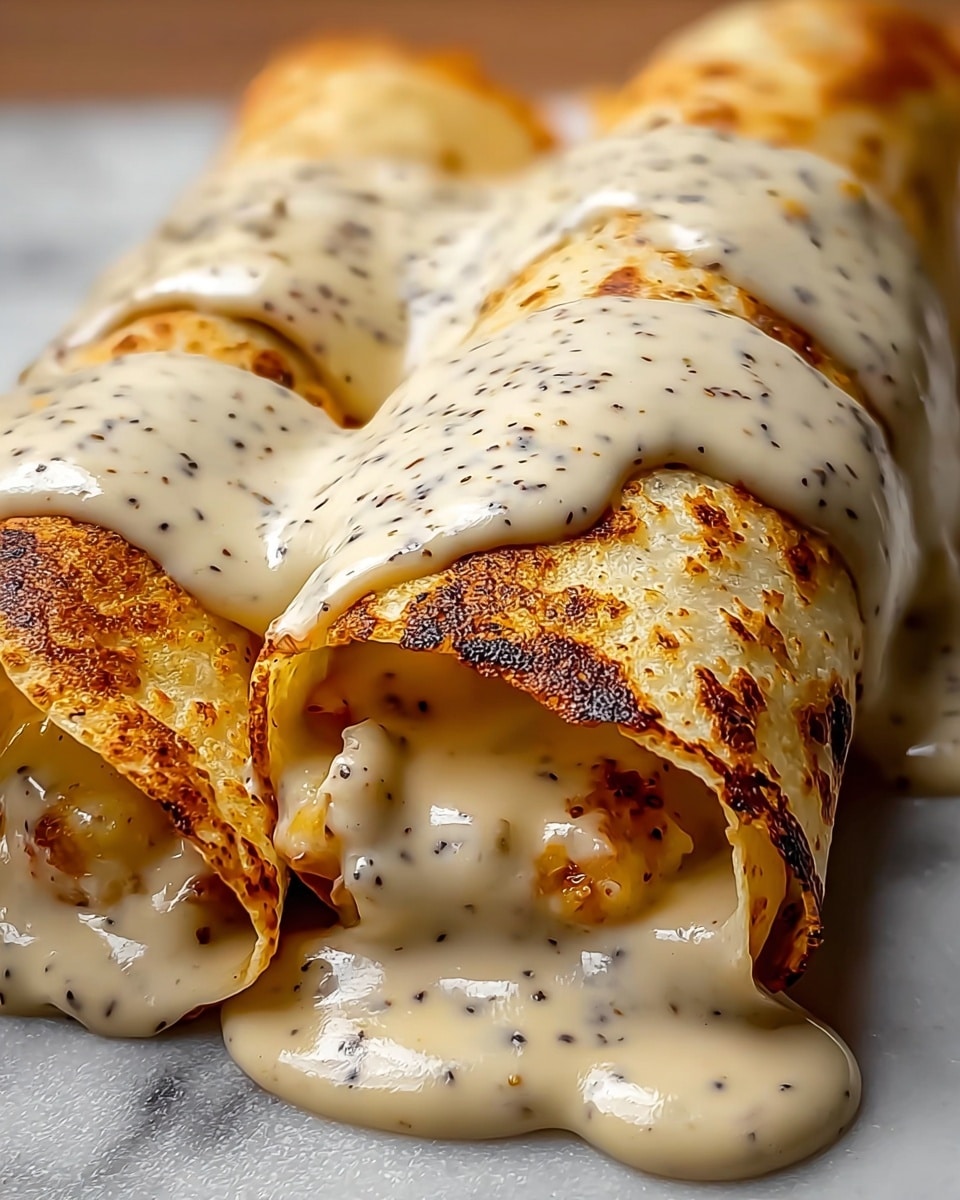 Two rolled crepes are placed side by side on a white marbled surface, each crepe lightly browned with dark golden spots. They are covered with a thick, creamy white sauce with small black specks, dripping down the sides and pooling slightly at the bottom. Inside, the crepes show a filling that looks soft and golden, partially seen through the peeled edges. The texture of the sauce is smooth and glossy, contrasting with the crepes' slightly crisp exterior. photo taken with an iphone --ar 4:5 --v 7