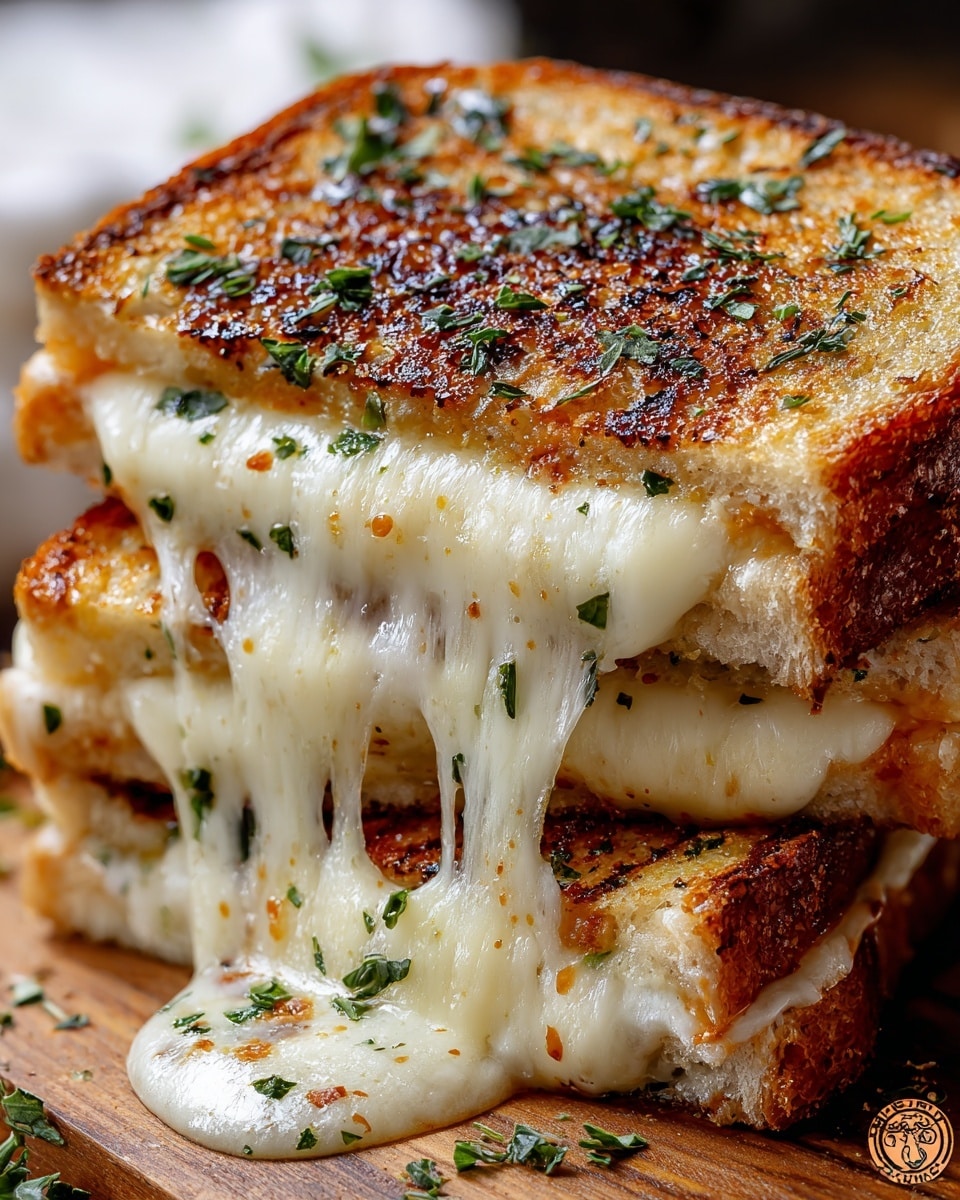 A close-up view of a grilled cheese sandwich cut into two triangular pieces stacked on a wooden board with a white marbled texture in the background, featuring three main layers: a top layer of crispy golden-brown bread with dark grill marks sprinkled with green herbs, a thick middle layer of melted stretchy white cheese oozing down the sides, and a bottom layer of soft toasted bread with a light brown crust. Some melted cheese pools onto the wooden surface, garnished with scattered herbs. photo taken with an iphone --ar 4:5 --v 7