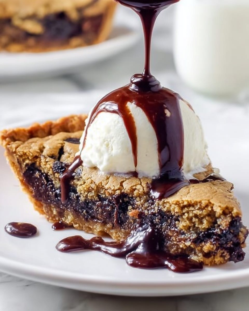 A thick slice of chocolate chip cookie pie with a golden brown, crumbly top layer filled with melted dark chocolate chunks, topped with a smooth white scoop of vanilla ice cream, over which rich, glossy dark chocolate sauce is being poured, dripping down the sides of the ice cream and onto the pie, all served on a white plate that sits on a white marbled surface; photo taken with an iphone --ar 4:5 --v 7