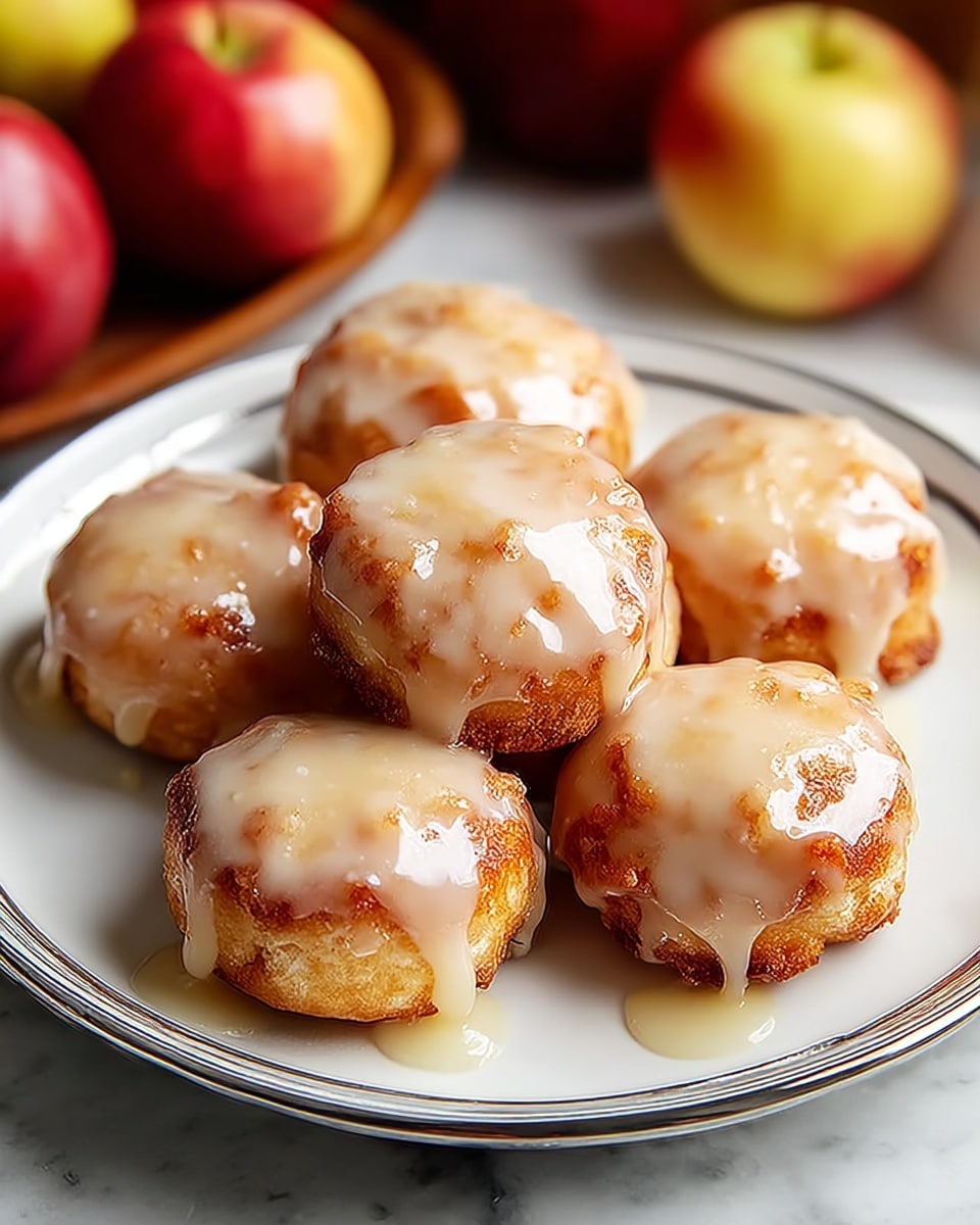 A white plate with a silver rim holds seven small round pastries, each covered with a smooth, shiny light beige glaze that drips slightly down the sides. The pastries are golden brown with a slightly rough texture visible beneath the glaze. The plate sits on a white marbled textured surface. In the background, there are blurred red and yellow apples. photo taken with an iphone --ar 4:5 --v 7