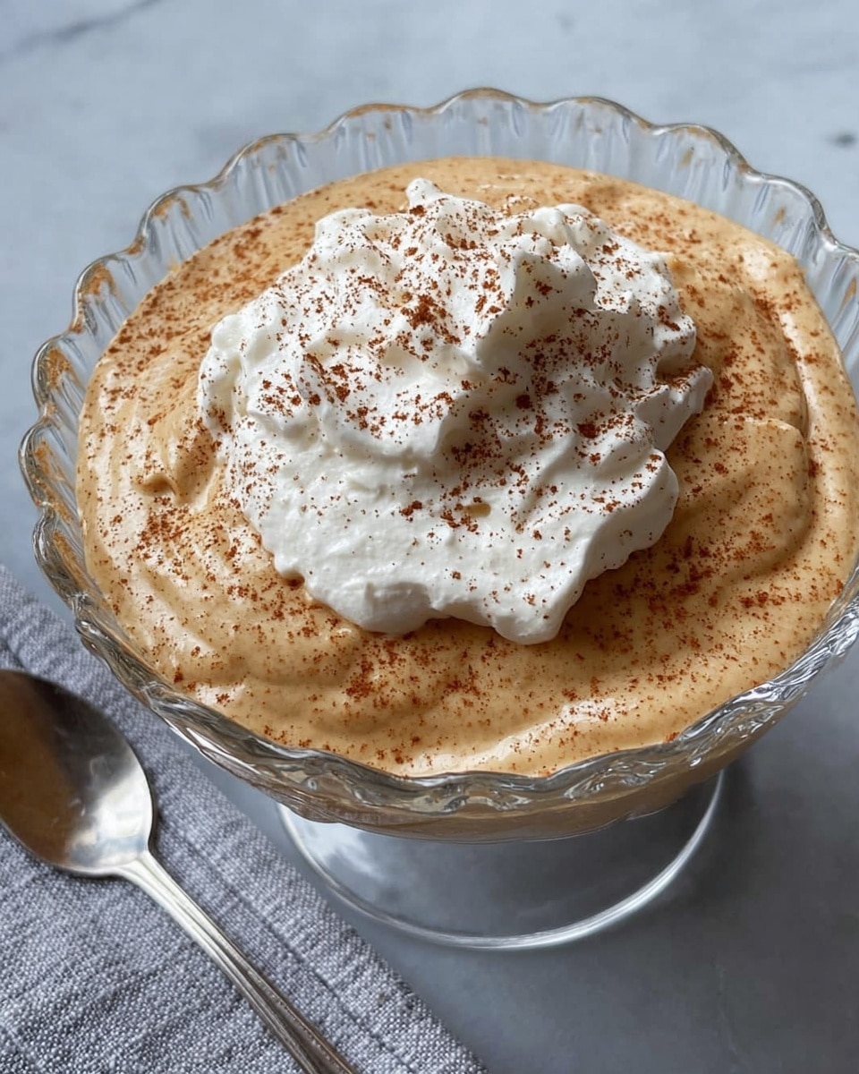 A clear glass bowl with a scalloped edge holds a thick, creamy light brown mixture with a smooth texture. On top, there is a dollop of white whipped cream sprinkled with light brown powder, likely cinnamon, and similar powder is lightly scattered over the surface of the brown mixture. The bowl sits on a white marbled surface with a silver spoon placed nearby. photo taken with an iphone --ar 4:5 --v 7