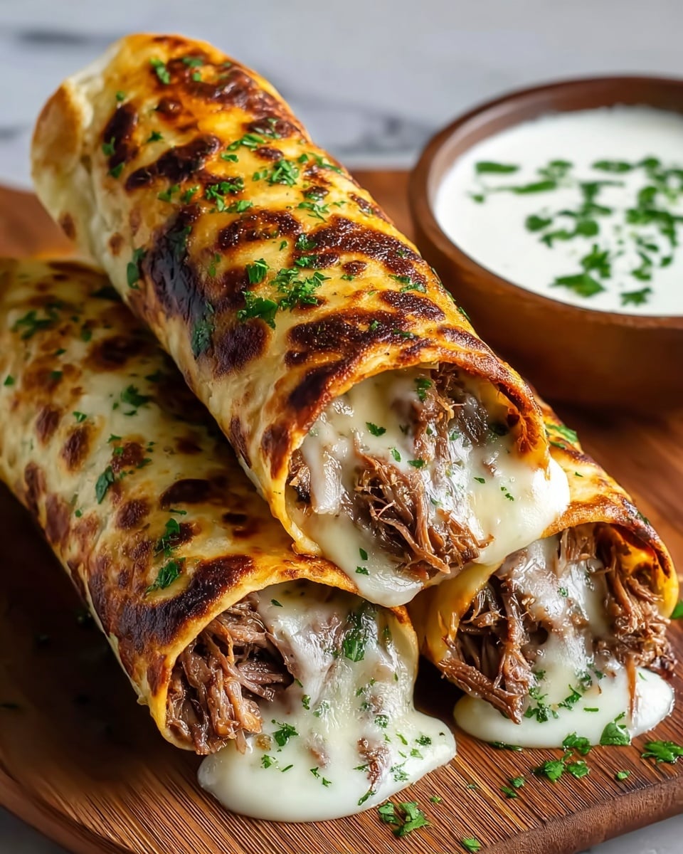 Three rolled tortillas are filled with layers of melted white cheese and shredded brown meat mixed with green herbs, with the tortillas themselves toasted to a golden brown with darker char spots and sprinkled with chopped green herbs on top. The rolls are stacked closely on a wooden board, and in the background there is a round white bowl filled with white sauce garnished with green herbs, all placed against a white marbled texture. Photo taken with an iphone --ar 4:5 --v 7