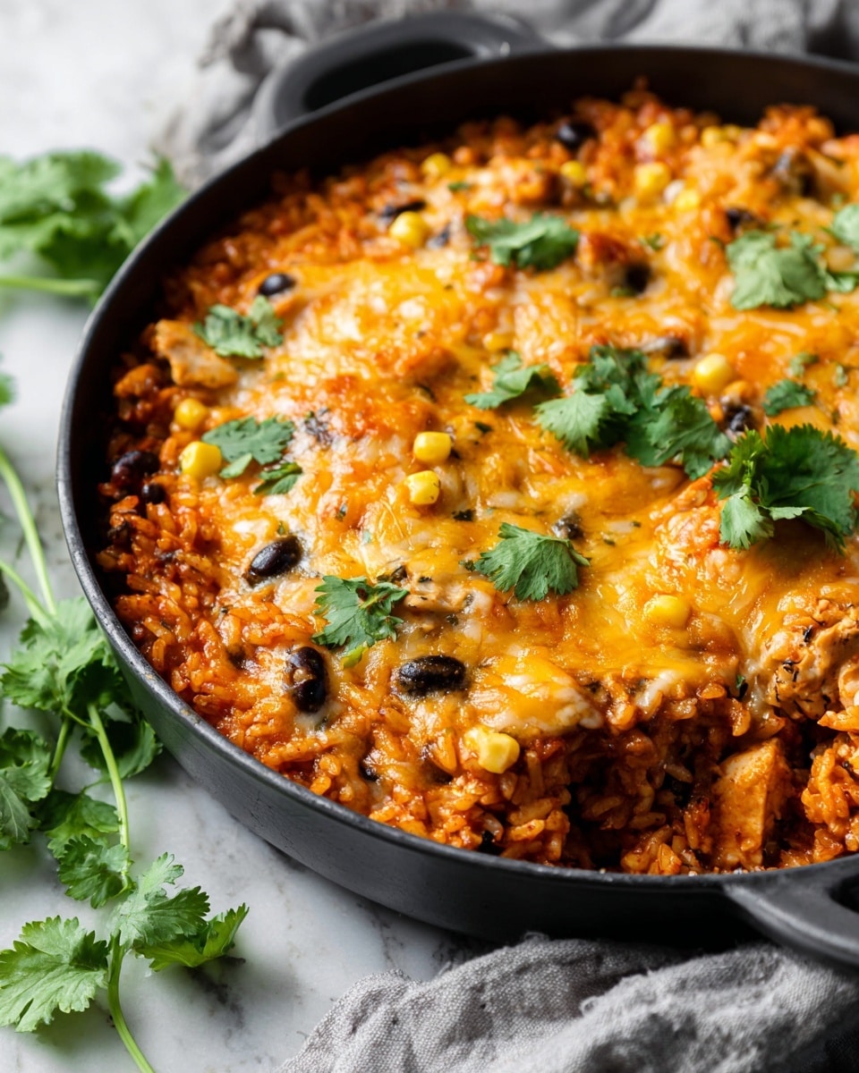 A close-up of a black casserole dish filled with a thick layer of orange-red rice mixed with pieces of chicken and black beans. On top, there is a melted layer of light yellow cheese with scattered yellow corn kernels and bright green cilantro leaves as garnish. The dish is placed on a white marbled surface with a soft gray cloth nearby and some green cilantro leaves on the side. photo taken with an iphone --ar 4:5 --v 7