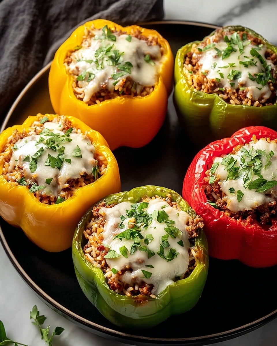 Five stuffed bell peppers are arranged on a black round plate. Each pepper is hollowed and filled with a mixture of cooked rice and ground meat. On top of this filling is a layer of melted white cheese sprinkled with finely chopped green herbs. The peppers come in three colors: two are bright yellow, two are red, and one is green, all with a shiny, smooth skin. The plate sits on a white marbled surface with a dark cloth partially visible at the edge. photo taken with an iphone --ar 4:5 --v 7