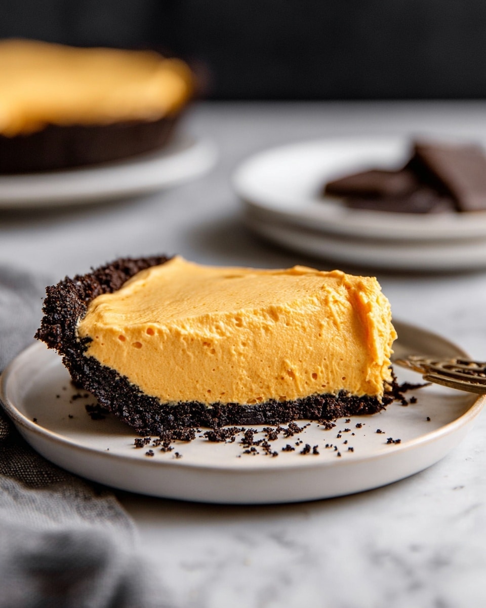 A single slice of pie is shown on a white plate with a crumbly dark chocolate crust as the bottom layer, rough and textured, holding a thick, creamy, smooth orange layer on top that has small air holes giving it a light and fluffy look. The plate is resting on a white marbled surface, with small crumbs scattered around it, and a fork lying nearby. In the background, out of focus, there is a white plate with dark pieces and a woman’s hand holding a piece of the pie. Photo taken with an iphone --ar 4:5 --v 7