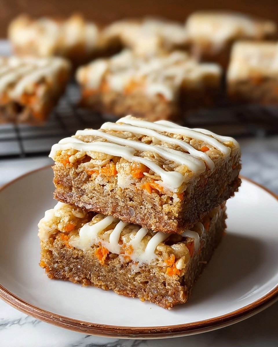Two square pieces of a carrot cake bar are stacked on a white round plate with a thin brown rim. Each piece has two layers: the bottom layer is dense and light brown with small orange carrot bits inside, and the top layer is a crisp, golden cereal crust with some visible clusters. The top is drizzled with white icing in thin lines. In the background, out of focus, more bars sit on a dark cooling rack against a white marbled surface. photo taken with an iphone --ar 4:5 --v 7