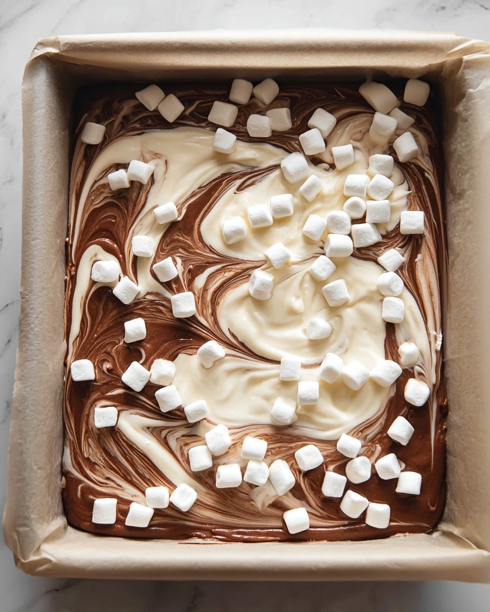 The image shows a baking tray lined with parchment paper, filled with two swirled creamy layers in brown and white, creating a marbled pattern. On top of this swirled base, there is a scattering of small, round white mini marshmallows, mostly near the edges but also spread lightly towards the center. The brown layer appears smooth and glossy, while the white layer looks creamy and soft, creating a visually rich contrast. The baking tray sits on a white marbled surface. photo taken with an iphone --ar 4:5 --v 7