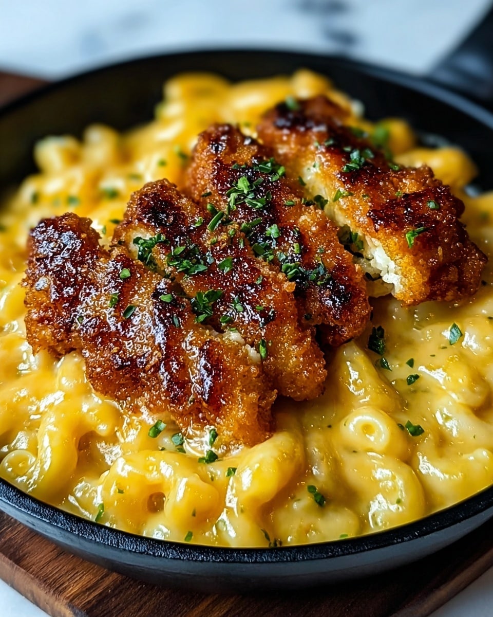 The dish shows three thick golden-brown crispy chicken strips placed on top of a creamy bed of mac and cheese. The mac and cheese curls are coated in a rich, smooth yellow cheese sauce with a gooey texture. The chicken pieces have a crunchy, slightly charred crust with small glistening spots of oil and are sprinkled with finely chopped green herbs for a fresh touch. The food is served in a black pan resting on a white marbled surface. photo taken with an iphone --ar 4:5 --v 7