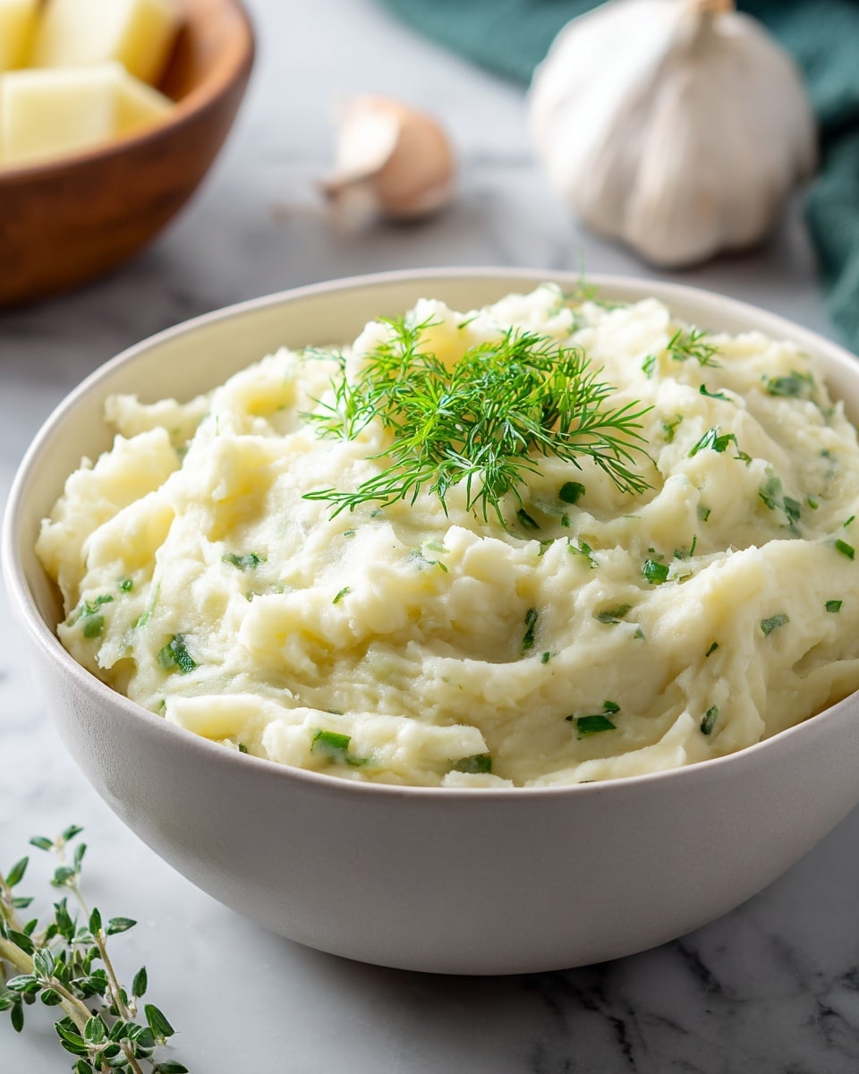 A bowl filled with creamy mashed potatoes showing soft, smooth texture with small green herb bits mixed through. On top, there is a bright green herb garnish, likely dill, that adds a fresh look. The bowl is white and round, placed on a white marbled surface, creating a clean and simple setting. In the background, blurry garlic bulbs and another bowl with chopped potatoes can be seen. photo taken with an iphone --ar 4:5 --v 7