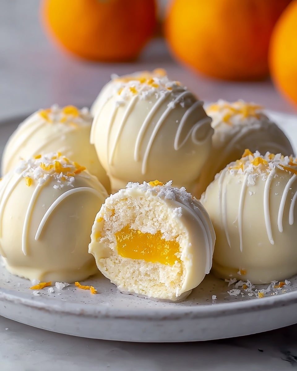The image shows six round white chocolate truffles on a white plate with a white marbled background. Each truffle is smooth and creamy white, with thin white chocolate drizzle lines on top. One truffle is cut open, revealing three layers: a soft creamy outer white layer, a middle layer with a white crumbly texture, and a bright yellow jelly-like center. The tops of the truffles are sprinkled with small white powdery bits and tiny orange zest pieces, adding texture and color contrast. In the background, there are three blurred round orange fruits. photo taken with an iphone --ar 4:5 --v 7