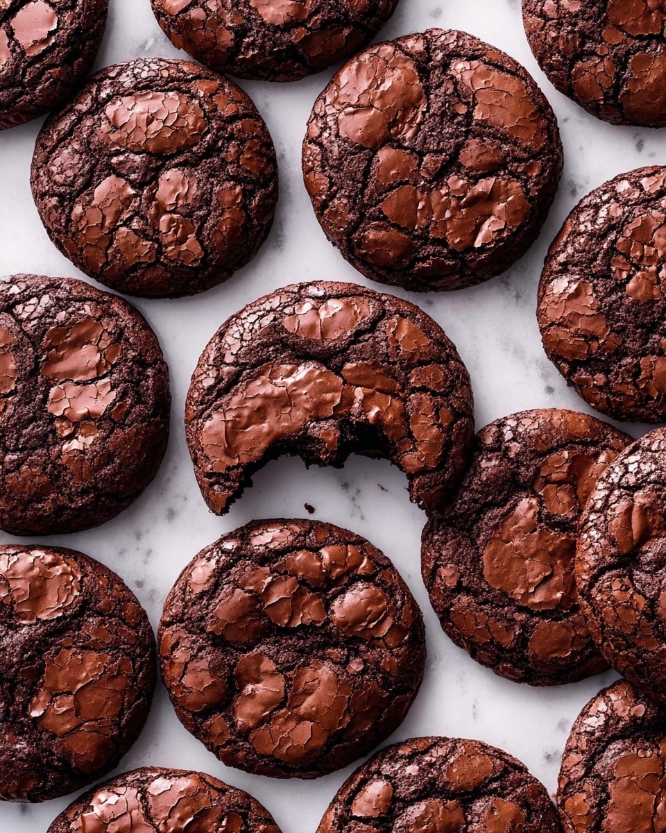 The image shows many round chocolate cookies with a slightly cracked, shiny surface, giving a rich, fudgy look. The cookies vary in shade from dark to medium brown, with some areas appearing glossy and others matte, suggesting a soft interior with a crisper outer layer. One cookie near the center has a large bite taken out of it, showing a dense, moist inside. The cookies are placed close together on a white marbled texture. Photo taken with an iphone --ar 4:5 --v 7