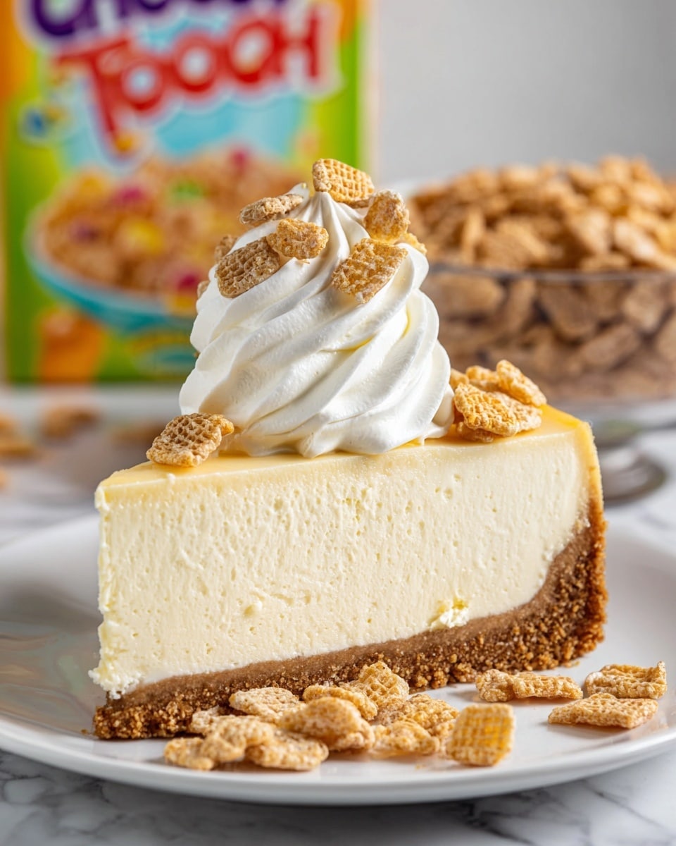 A slice of creamy cheesecake sits on a white plate on a white marbled surface. The cheesecake has three layers: a firm brown crumb crust at the bottom, a thick pale yellow creamy cheese layer in the middle, and a thin white smooth topping layer. On top of the cheesecake, there is a tall swirl of soft white whipped cream, sprinkled with small light brown cereal pieces, with more cereal scattered on the plate around the slice. The blurred background shows a colorful cereal box and a clear bowl filled with the same cereal. photo taken with an iphone --ar 4:5 --v 7