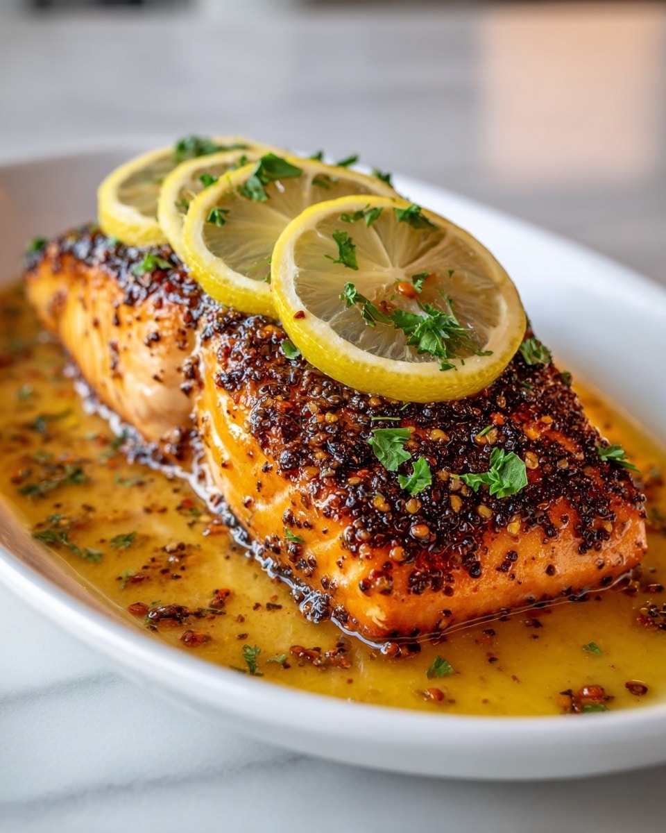 A thick piece of cooked salmon with a crispy, dark, peppery crust covers the top and sides, giving it a rich orange and brown color. The salmon lies on a shallow pool of golden sauce with scattered bits of herbs and spices around it. On top of the salmon, there are three thin lemon slices, each showing a pale yellow and translucent texture, garnished with small green parsley leaves. The dish is placed on a plain white oval plate, all set on a smooth white marbled surface. photo taken with an iphone --ar 4:5 --v 7