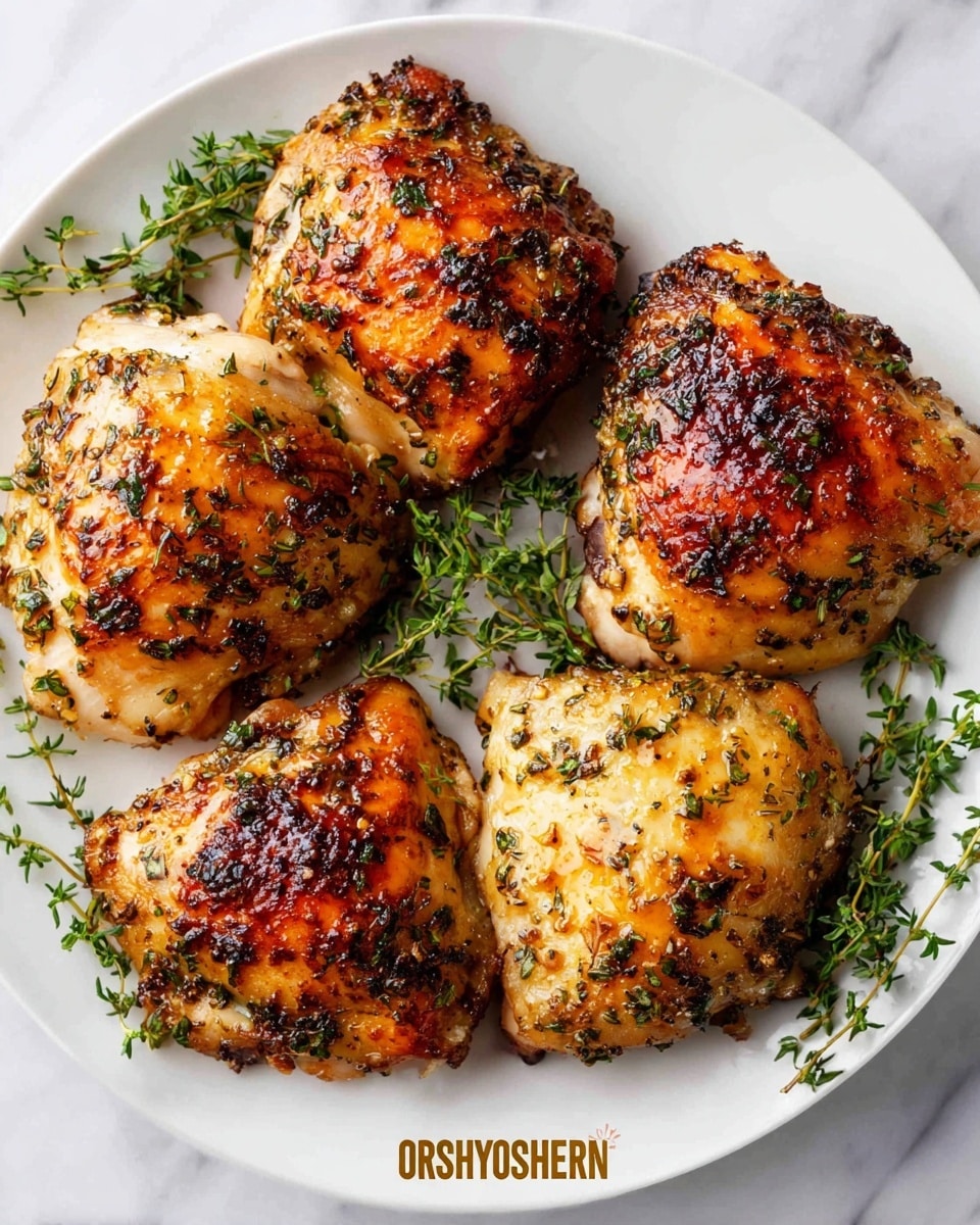On a round white plate, four pieces of roasted chicken thighs are arranged close together, their skins golden brown with crispy, slightly charred spots and sprinkled with green herbs. The chicken has a shiny texture from the roasted fat and seasoning, displaying a rich mix of light golden and deep orange hues. Surrounding the chicken pieces are small green sprigs of fresh thyme, placed both beneath and around the thighs, adding a fresh contrast. The plate sits on a white marbled surface that softly reflects light. photo taken with an iphone --ar 4:5 --v 7