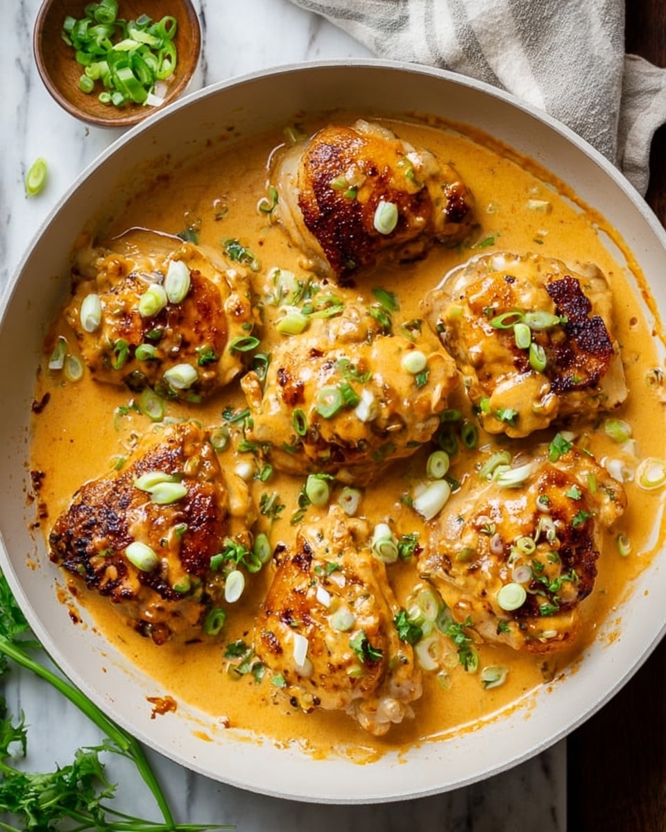 A white pan filled with six pieces of cooked chicken thighs covered in a thick, creamy orange sauce, with some browned spots on the chicken showing crispy texture. The sauce pools around the chicken with a slightly glossy finish, topped with small slices of fresh green onions scattered over all the pieces. The pan rests on a white marbled surface, with a few green onion pieces and parsley leaves nearby. Photo taken with an iphone --ar 4:5 --v 7