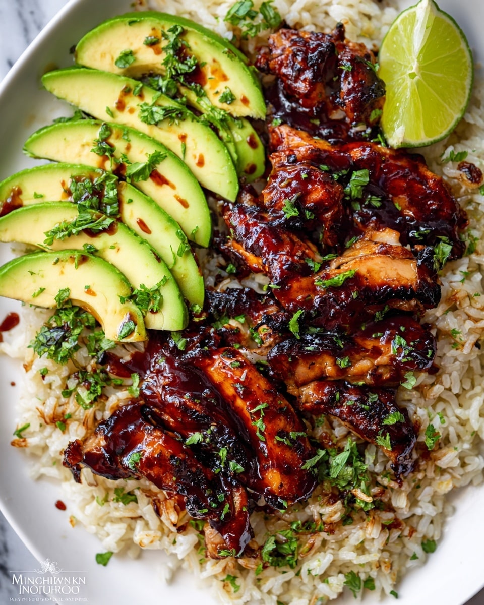 The dish is presented on a white plate with a base layer of fluffy white rice scattered across the bottom. On top of the rice, there is a generous layer of grilled chicken pieces glazed with a shiny, dark brown sauce that gives them a slightly charred, caramelized texture. The chicken is sprinkled with finely chopped green herbs, adding a contrast of fresh green color. On one side of the plate, there are several slices of bright green avocado arranged neatly with a drizzle of the same dark sauce on top. A fresh lime wedge rests near the avocado, adding a pop of light green. All elements sit on a white marbled surface. Photo taken with an iphone --ar 4:5 --v 7