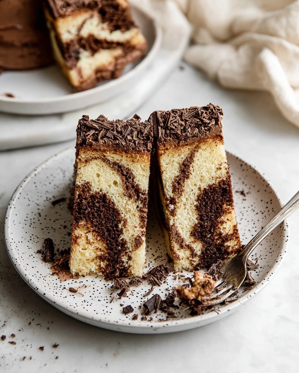 Two slices of marble cake sit next to each other on a white plate with small black dots. Each slice shows two thick layers of moist cake with a marbled mix of light cream and dark brown swirls. A thin layer of chocolate frosting separates the cake layers, with a thicker coat of chocolate frosting completely covering the top edges. Dark chocolate shavings are scattered around the base of the cake slices on the plate. A small silver fork with crumbs rests beside the plate on a white marbled surface, with a soft, cream-colored cloth partly visible in the background. Photo taken with an iphone --ar 4:5 --v 7