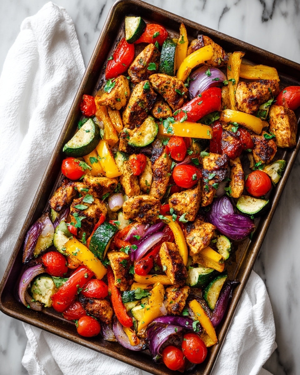 The image shows a sheet pan filled with one layer of grilled chicken pieces that are golden brown with grill marks, mixed with a colorful array of cooked vegetables including bright yellow and red bell peppers, deep red cherry tomatoes, green zucchini slices, and purple onion chunks. The vegetables have a soft, slightly charred texture, resting evenly under and around the chicken. The whole dish is garnished with small green herb pieces, likely parsley, adding freshness to the warm colors. The pan is placed on a white marbled surface with a white cloth towel on the side. photo taken with an iphone --ar 4:5 --v 7