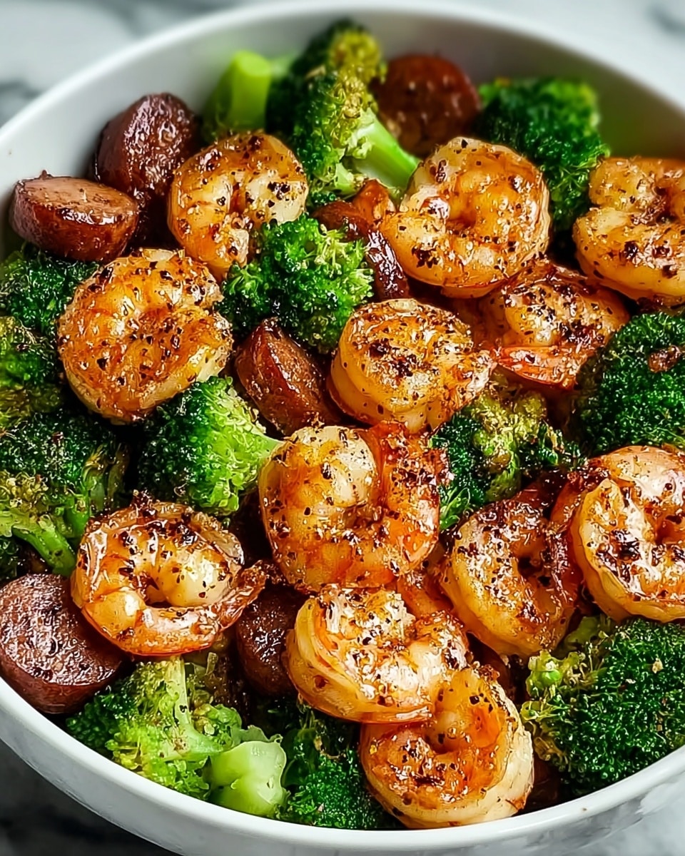 A white bowl filled with cooked shrimp and broccoli. The shrimp are orange-pink with a slightly glossy, seasoned surface, curled on top of and among bright green broccoli florets that have a soft texture. The shrimp and broccoli are evenly mixed, showing some browning on the shrimp and a light sauce coating both. The bowl sits on a white marbled surface. Photo taken with an iphone --ar 4:5 --v 7