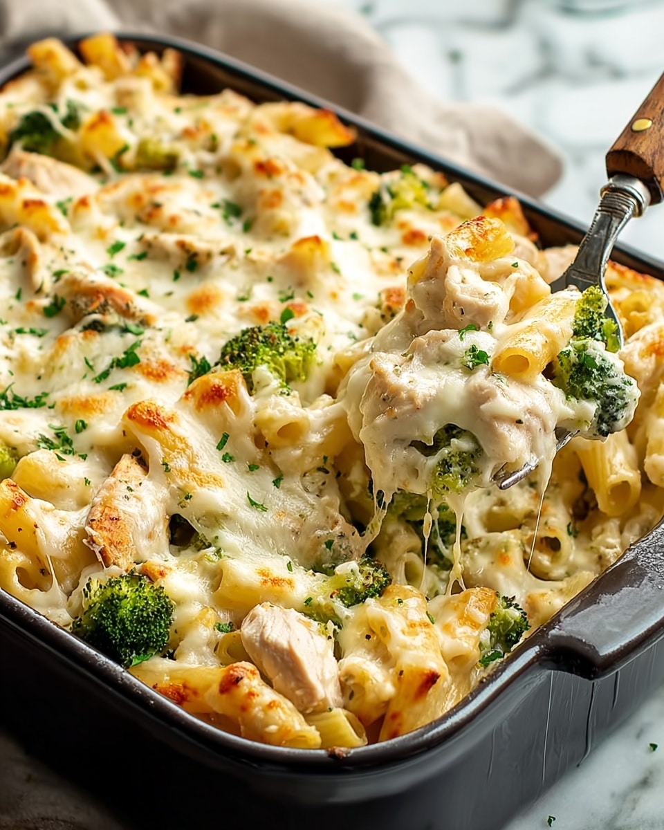 A rectangular black baking dish filled with a creamy pasta bake, showing at least three layers: a base of short tube pasta in pale yellow, pieces of green broccoli florets scattered evenly, and chunks of white chicken meat. The top layer is thick and bubbly melted white cheese with some golden brown spots, sprinkled lightly with small green herb bits. A silver fork with a wooden handle holds a portion of the pasta up from the right side. The dish is placed on a white marbled surface with a soft-focus background. Photo taken with an iphone --ar 4:5 --v 7