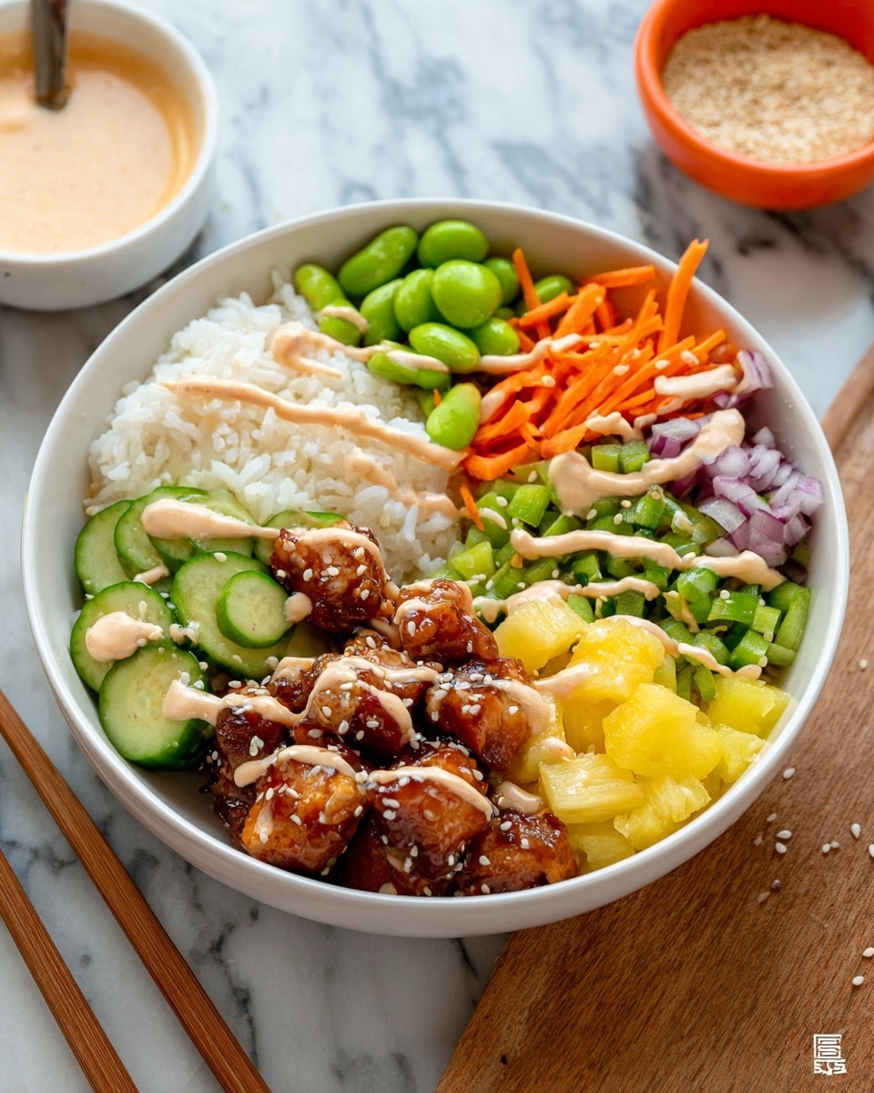 A white bowl filled with six distinct layers: white fluffy rice on the left, bright green edamame beans above the rice, thin orange carrot strips to the right of the edamame, chopped green cucumbers mixed with red onion slices below the carrots, small yellow pineapple chunks at the bottom right, and glazed brown chicken pieces sprinkled with sesame seeds at the bottom left. A creamy light beige sauce is drizzled over the entire bowl. The bowl sits on a white marbled surface with wooden chopsticks in front. In the background, there is a small white bowl with more sauce and a small orange bowl with sesame seeds. photo taken with an iphone --ar 4:5 --v 7