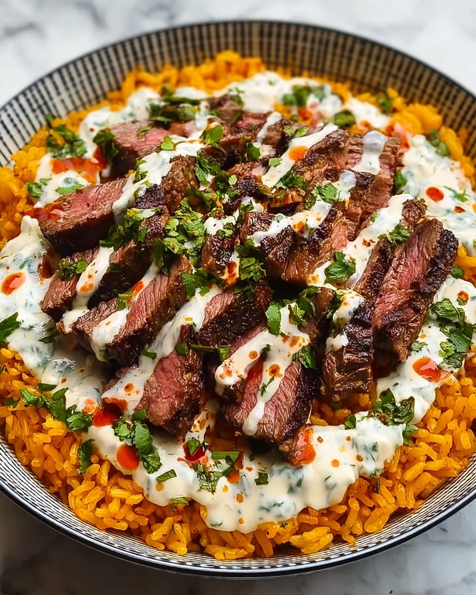 A bowl with a white color and thin black stripes on the inside holds a colorful dish. The base layer is bright orange rice, covering the whole bowl evenly. On top of the rice, thin slices of medium-rare steak with a dark brown crust and pink center are arranged in a circular pattern. Creamy white sauce with green herb specks is drizzled generously over the steak, and small splashes of bright reddish-orange sauce add contrast. Fresh green chopped herbs are sprinkled over the sauces, giving a fresh look. The bowl is set on a white marbled texture. photo taken with an iphone --ar 4:5 --v 7