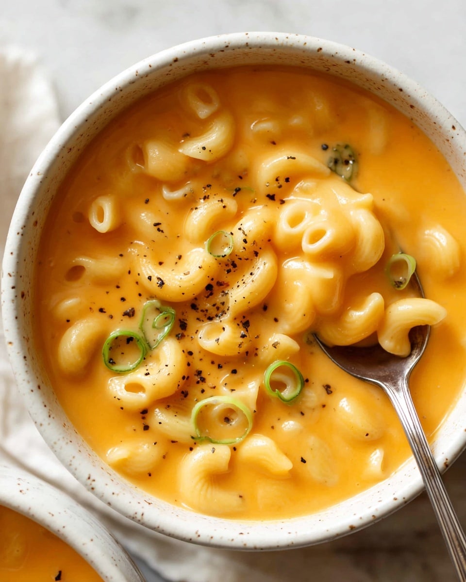 The image shows a close-up of a bowl filled with creamy, bright orange macaroni and cheese soup. The soup has a smooth texture with curved elbow macaroni pieces partially submerged, coated with the thick cheese sauce. Small rings of green onion float on the surface, adding color contrast. The soup is topped with freshly cracked black pepper sprinkled unevenly. A metal spoon rests inside the bowl, scooping up a portion of the macaroni, showing the cheese sauce clinging to it. The bowl is white with small speckles and sits on a white marbled surface. Photo taken with an iphone --ar 4:5 --v 7