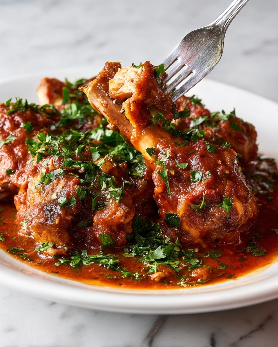 This image shows a close-up of cooked rabbit meat covered in a rich reddish-brown sauce, garnished with bright green chopped herbs scattered on top. The rabbit pieces show a clear bone and tender, moist texture, with one piece being pulled apart by a silver fork. The food is served in a simple white plate, with the sauce pooling around the meat, showing a mix of smooth and chunky textures. The background is a white marbled surface, adding light contrast to the warm colors of the dish. photo taken with an iphone --ar 4:5 --v 7