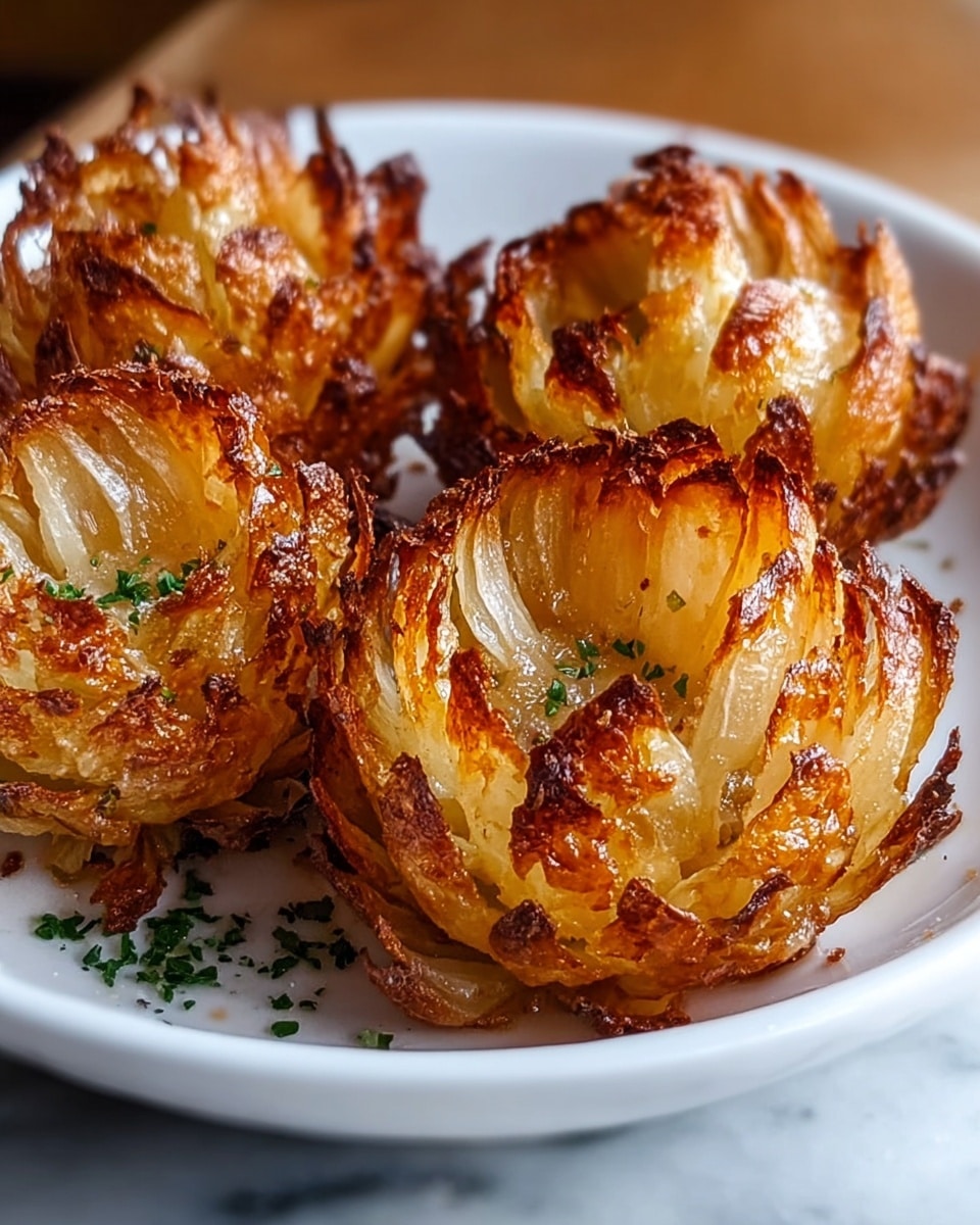 The image shows four golden-brown blooming onions arranged inside a white bowl. Each onion is cut into layers that spread out like flower petals, with a crispy, textured surface that looks crunchy and slightly oily. The edges of the onion layers are darker and well-fried, with some light charring for a rustic look. Small green herb pieces are sprinkled over the onions, adding a fresh contrast to the warm tones. The bowl sits on a smooth white marbled surface, and the background is softly blurred, putting focus on the detailed texture of the onions. photo taken with an iphone --ar 4:5 --v 7