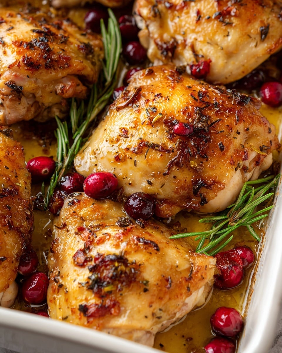A white baking dish holds six pieces of golden brown roasted chicken thighs, each with a crispy, slightly charred skin. The chicken pieces are evenly spaced, sitting in a shallow pool of light brown sauce. Small bright red cranberries are scattered on top and around the chicken, adding color contrast. Fresh green rosemary sprigs peek out between the pieces, adding a touch of green. The dish is placed on a wooden surface with additional cranberries and rosemary around it. Photo taken with an iphone --ar 4:5 --v 7