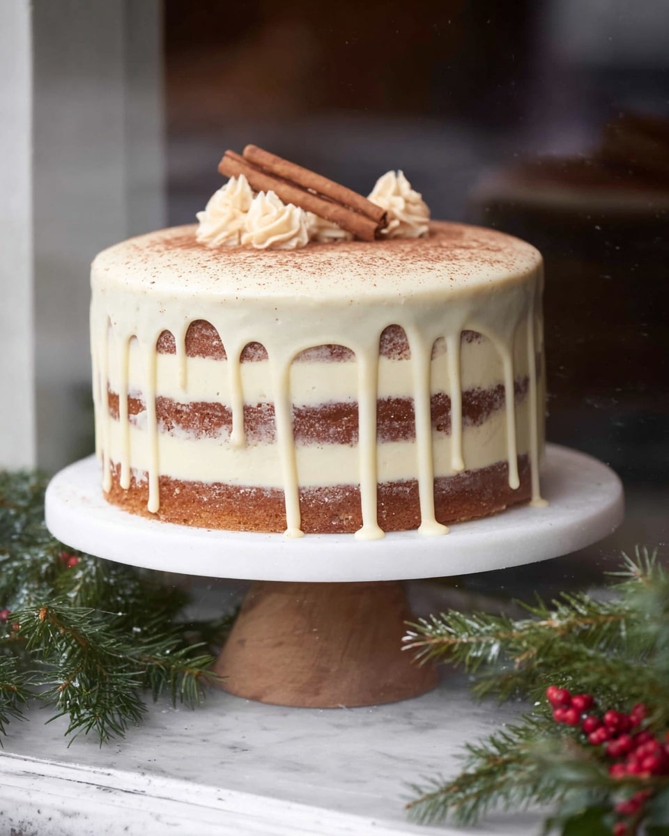 A round cake with three visible layers of light brown sponge separated by thin layers of creamy white frosting is displayed on a white cake stand with a wooden base. The outside has a smooth, thin layer of off-white frosting decorated with a white glaze dripping down the sides, creating an uneven pattern. The top of the cake is lightly dusted with cocoa powder and topped with three cinnamon sticks arranged next to two small swirls of pale cream frosting. The setting includes green pine branches with red berries at the base, all placed on a white marbled surface. photo taken with an iphone --ar 4:5 --v 7