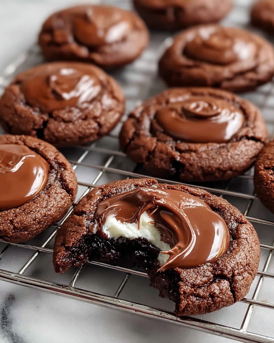The image shows seven round chocolate cookies on a metal cooling rack over a white marbled surface, each cookie topped with a smooth, glossy layer of melted chocolate that is thick and swirled. One cookie in the front is broken open, revealing a dark, moist chocolate base with a creamy white center inside. The cookies have a cracked surface texture around the edges, showing their soft and chewy consistency inside. The melted chocolate layer reflects light softly, adding shine and depth to each cookie. photo taken with an iphone --ar 4:5 --v 7