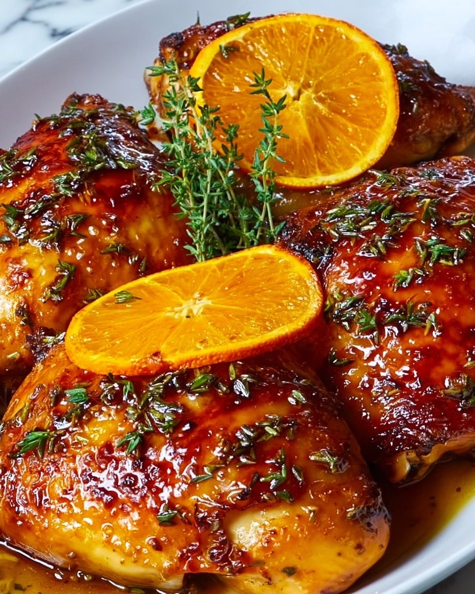 The image shows three large pieces of roasted chicken with golden-brown crispy skin, glazed with a shiny, slightly sticky sauce that reflects light. Each piece is topped with small green herb sprigs, likely thyme, adding freshness to the rich colors. Two bright orange slices with a juicy, slightly textured surface are placed carefully on top and between the chicken pieces, adding a fresh contrast. The chicken rests on a simple white plate, and the background is a white marbled surface that highlights the warm colors of the food. photo taken with an iphone --ar 4:5 --v 7